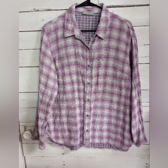 Lee Riders Purple Plaid Button Front Shirt Size XL. Ruffled Trim Down Front - Picture 1 of 10